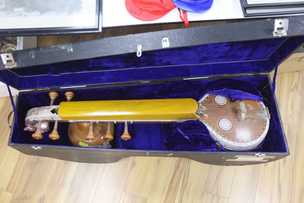 A cased Indian sitar, case 137cm